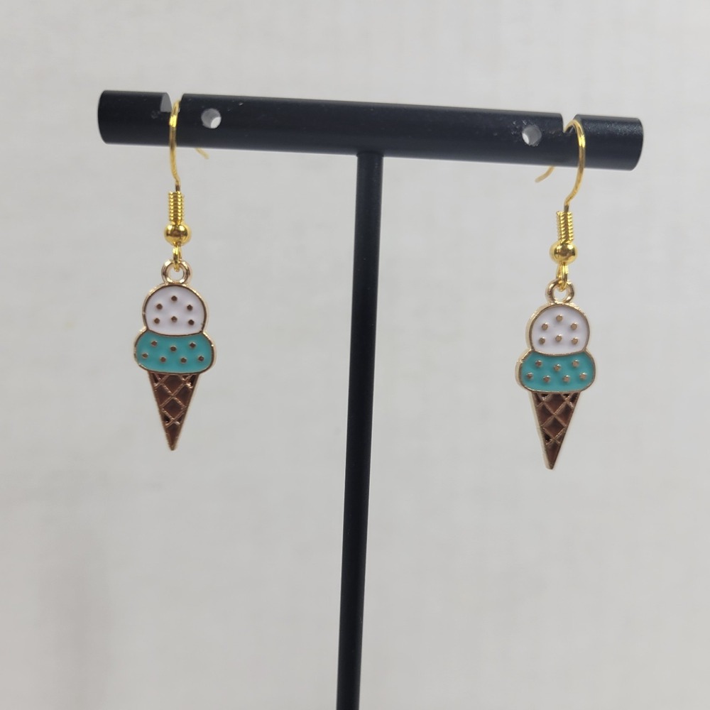 Enamel Ice Cream Cone Drop Earrings Gold Tone Blue White Double Scoop Dangle